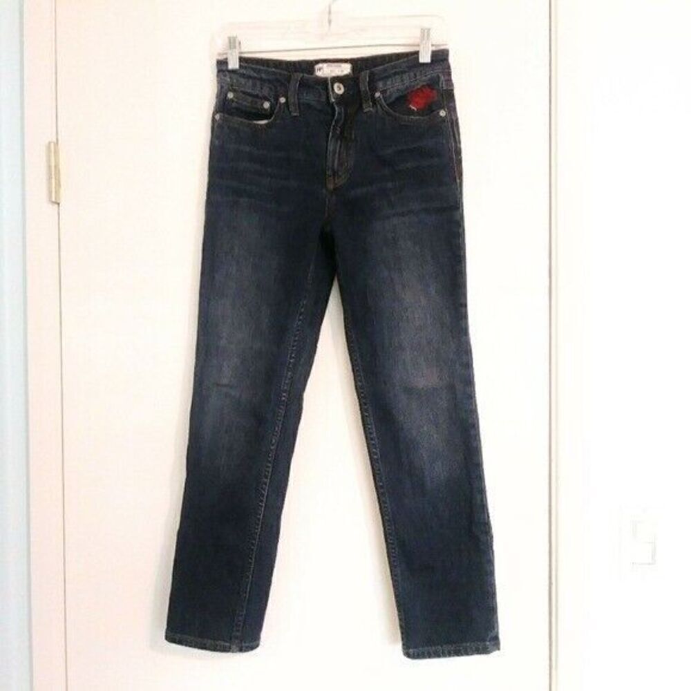 Free People Rose Embroidered Dark Wash Mid Rise Cropped Jeans Size 25